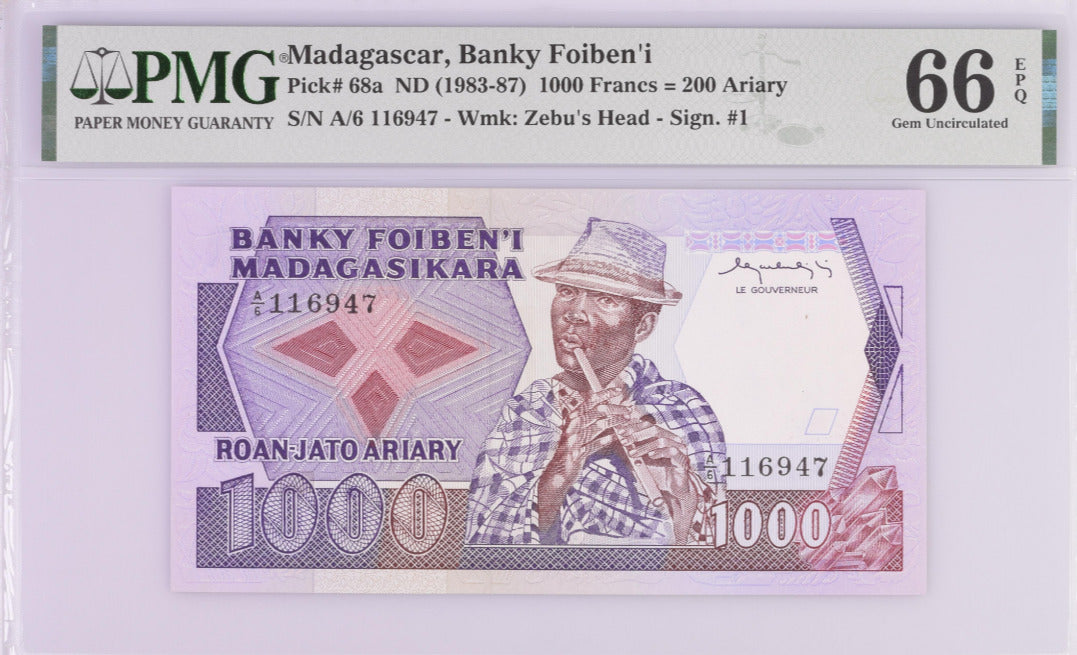 Madagascar 1000 Francs 200 Ariary 1983-87 P 68 a GEM UNC PMG 66 EPQ