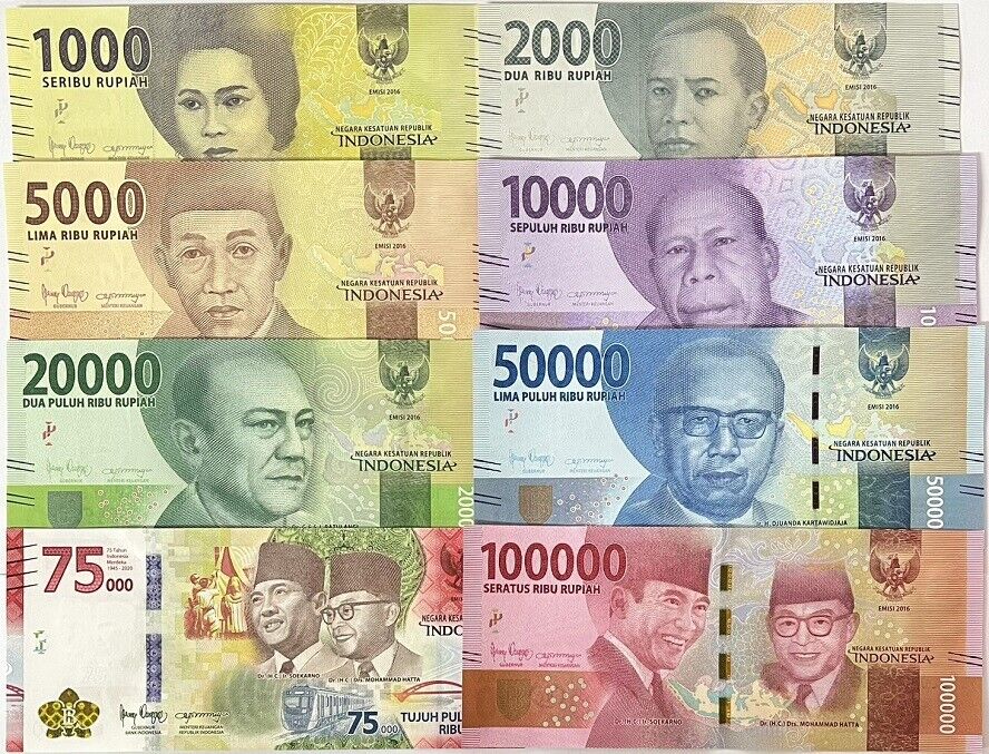 Indonesia Set 8 UNC 1000 2000 5000 10000 20000 50000 75K Random Date P 154-161