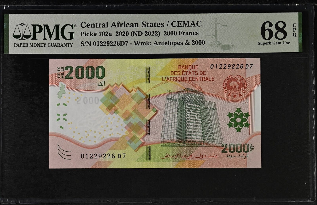 Central African States 2000 Francs 2020 ND 2022 P 702 Superb Gem UNC PMG 68 EPQ