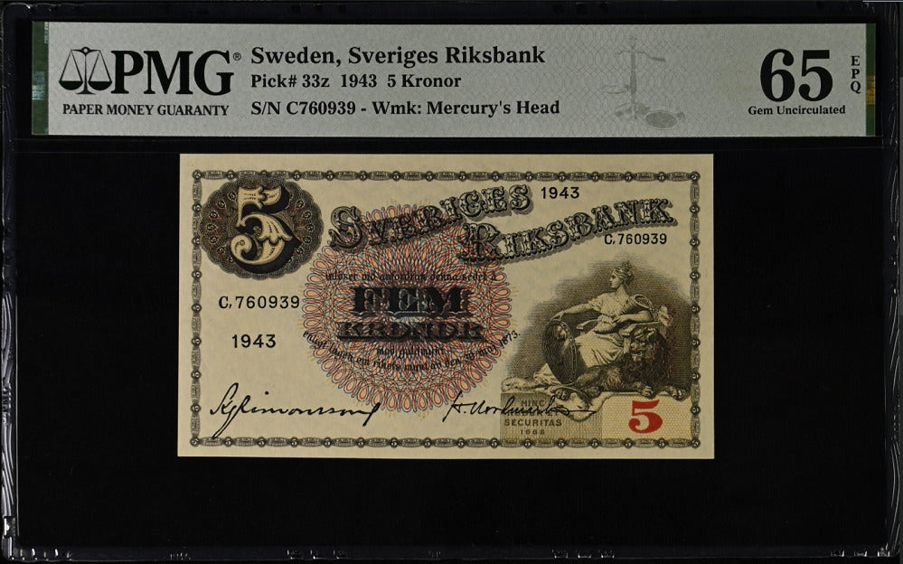 Sweden 5 Kronor 1943 P 33 z Gem UNC PMG 65 EPQ