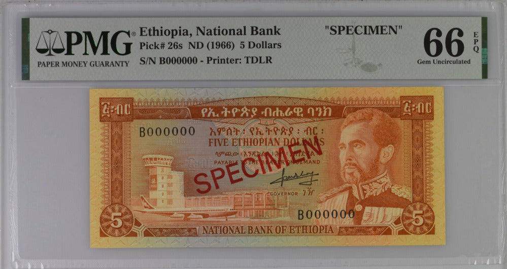 Ethiopia 5 Dollar ND 1966 P 26 s Specimen Gem UNC PMG 66 EPQ