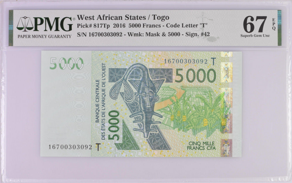 West African States Togo 5000 Francs 2016 P 817Tp Superb Gem UNC PMG 67 EPQ