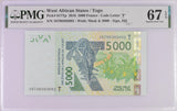 West African States Togo 5000 Francs 2016 P 817Tp Superb Gem UNC PMG 67 EPQ