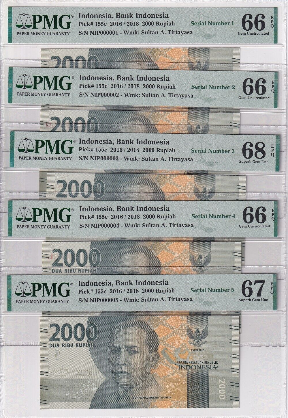 Indonesia Set 10; 2000 R. 2018 P 155 #Low 1 2 3 -10 Superb Gem UNC PMG 66-68 EPQ