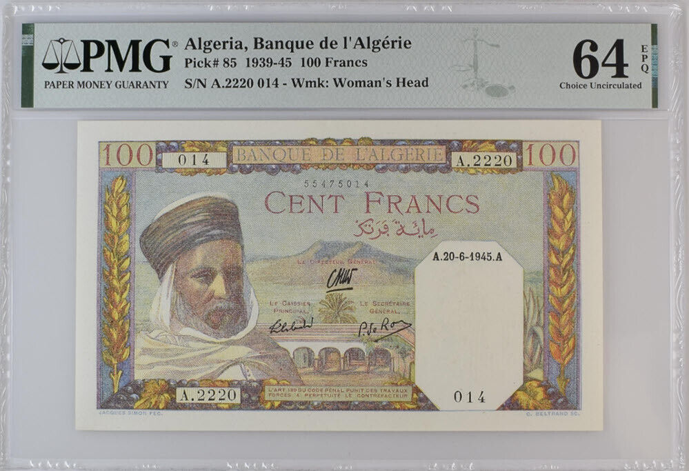 Algeria 100 Francs 1939-45 P 85 Choice UNC PMG 64 EPQ