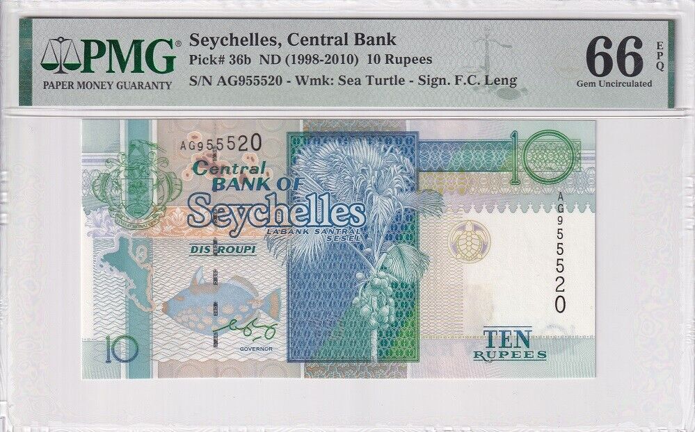 Seychelles 10 Rupees 1998/2010 P 36 b Sign Leng Gem UNC PMG 66 EPQ