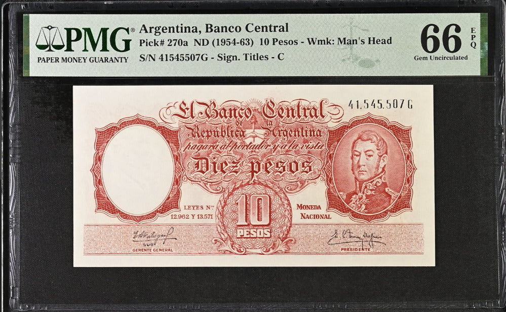 Argentina 10 Pesos ND 1954-1963 P 270 a Gem UNC PMG 66 EPQ