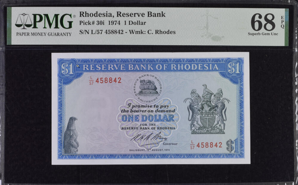 Rhodesia 1 Dollar 1974 P 30 i Superb Gem UNC PMG 68 EPQ Top Pop