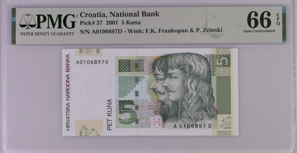 Croatia 5 Kuna 2001 P 37 Gem UNC PMG 66 EPQ