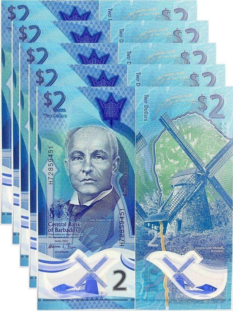 Barbados 2 Dollars ND 2022 POLYMER P 80 NEW Design UNC LOT 5 Pcs