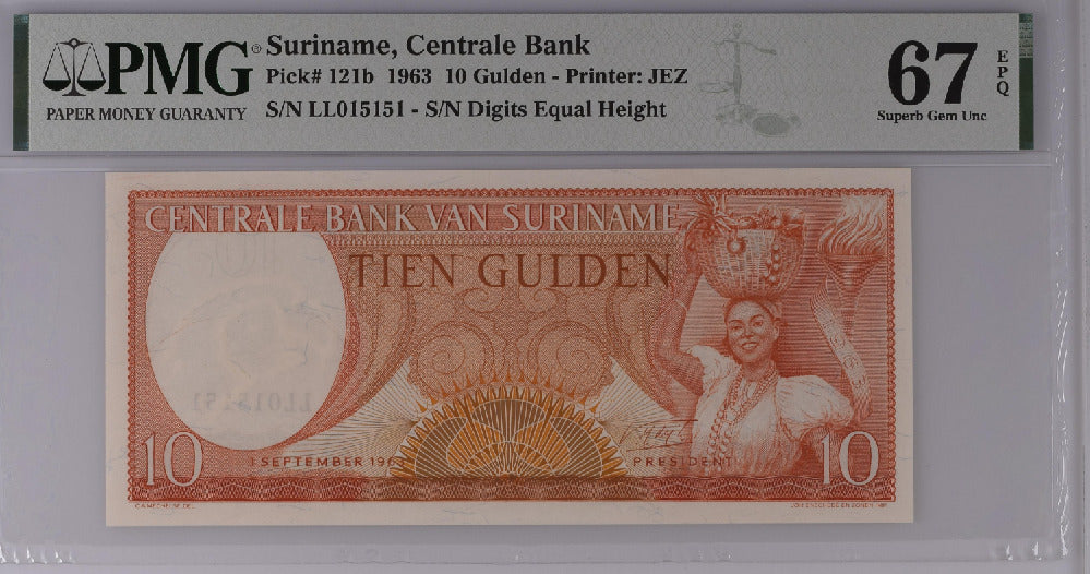 Suriname 10 Gulden 1963 P 121 b NICE 015151 Superb Gem UNC PMG 67 EPQ