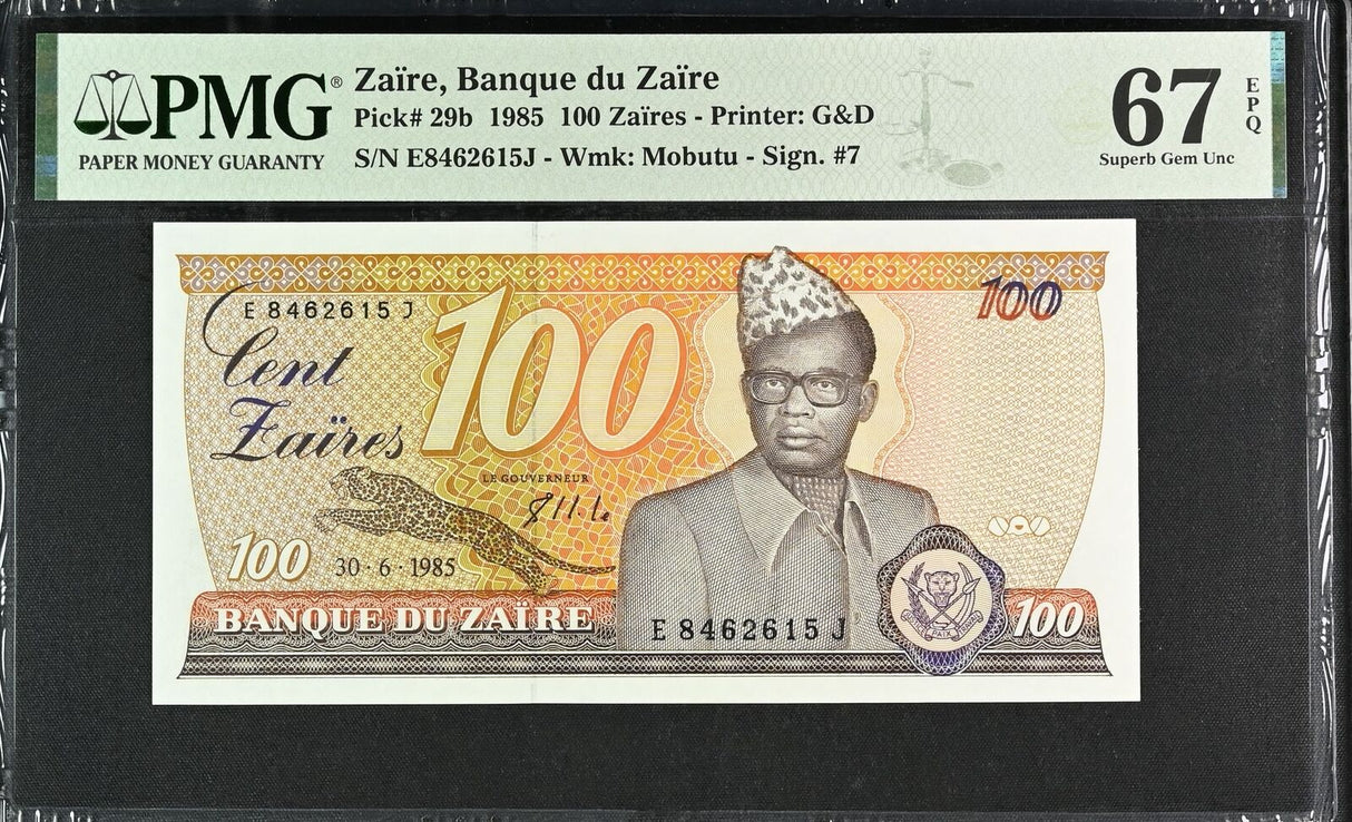 Zaire 100 Nouveaux Zaires 1985 P 29 b Superb Gem UNC PMG 67 EPQ