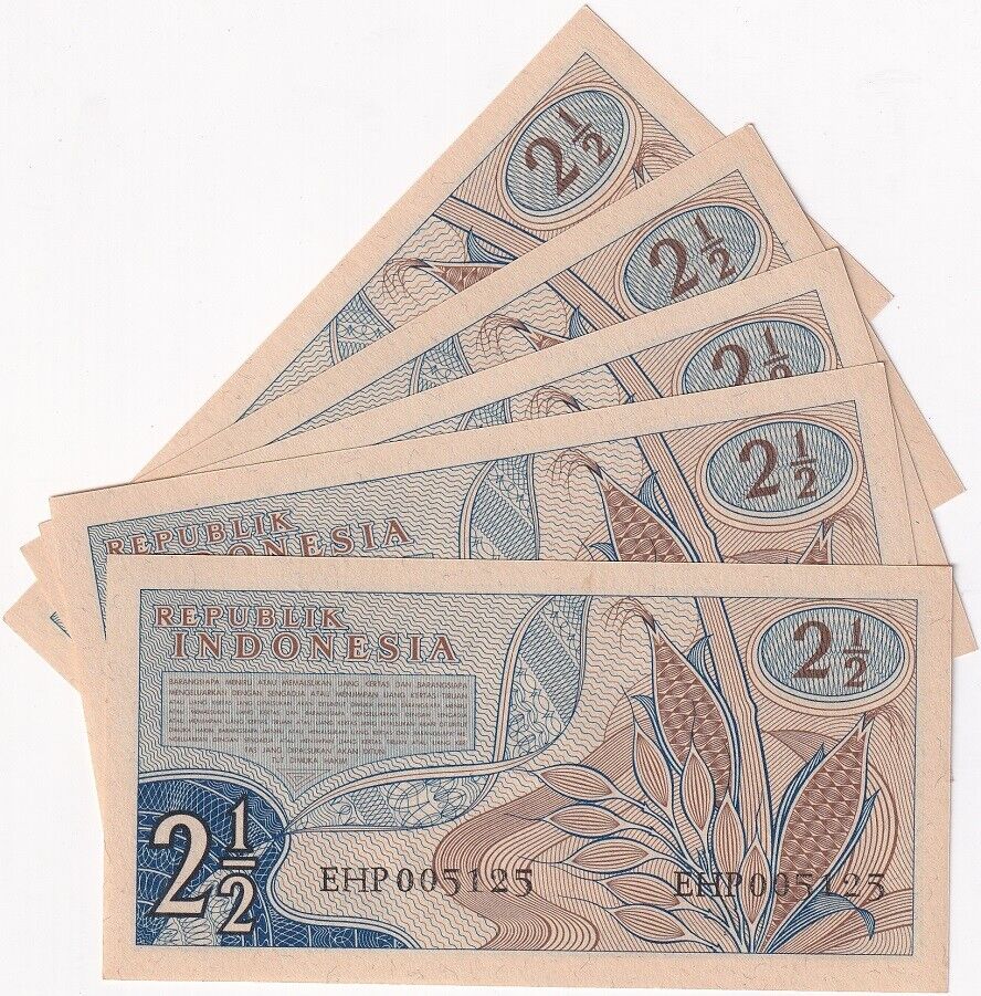 Indonesia 2.5 , 2 1/2 Rupiah 1961 P 79 UNC LOT 5 PCS