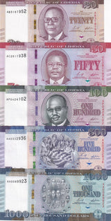 Liberia SET 5 UNC 20 50 100 500 1000 Dollars 2022 / 2023 P 39 40 41 42 43