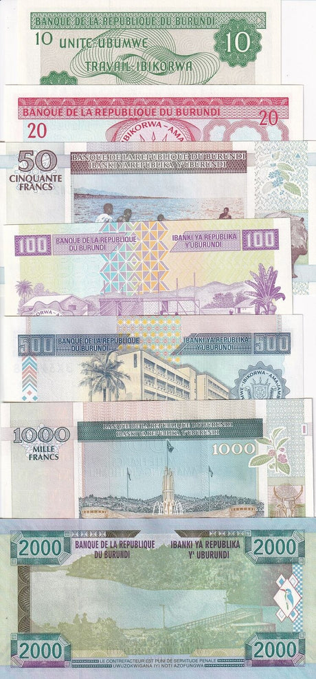 Burundi Set 7 UNC 10 20 50 100 500 1000 2000 Francs Random Date P 27 33 - P 48
