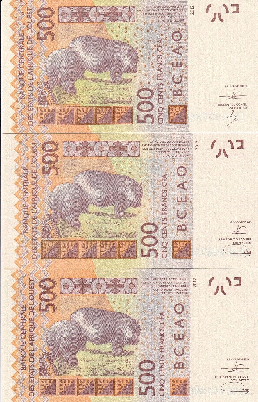 West African States Ivory Coast Set 3 Pcs 500 2013 2021 2022 P 119Ab P 119A UNC