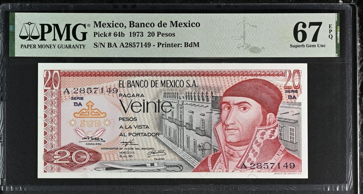 Mexico 20 Pesos 1973 P 64 b Superb Gem UNC PMG 67 EPQ