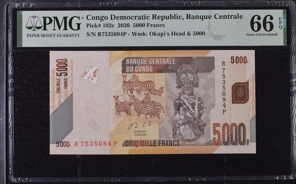 Congo 5000 Francs 2020 P 102 c Gem UNC PMG 66 EPQ
