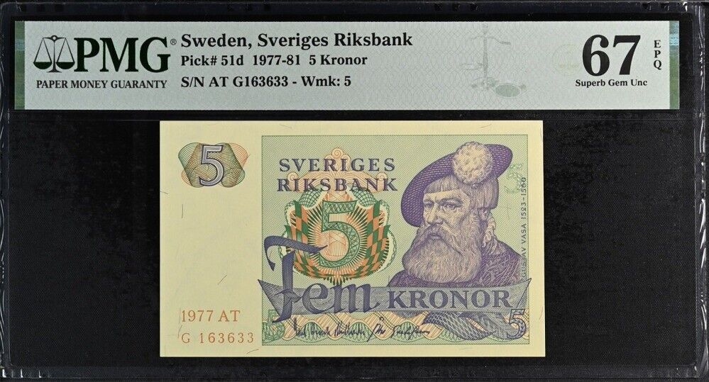 Sweden 5 Kronor 1977 P 51 d Superb Gem UNC PMG 67 EPQ