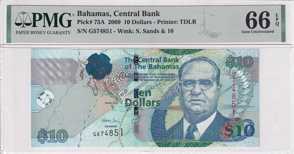 Bahamas 10 Dollars 2009 P 73A Gem UNC PMG 66 EPQ