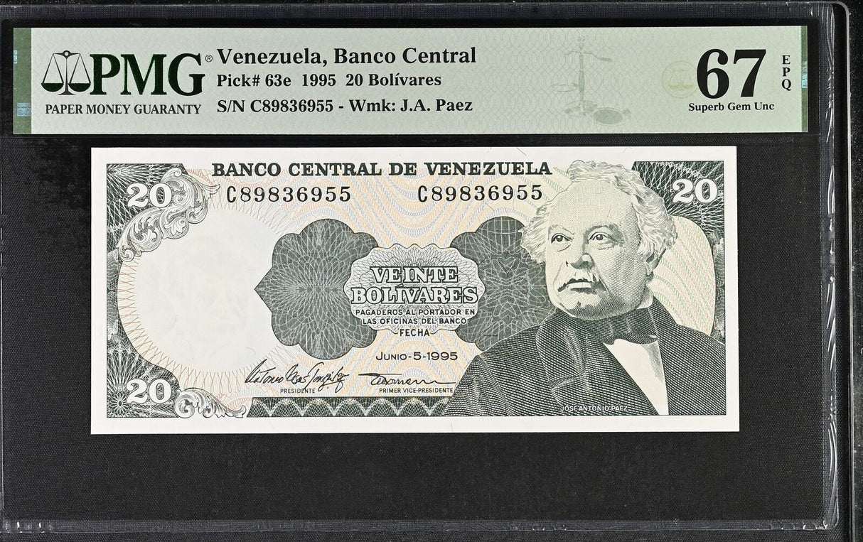 Venezuela 20 Bolivares 1995 P 63 e Superb Gem UNC PMG 67 EPQ