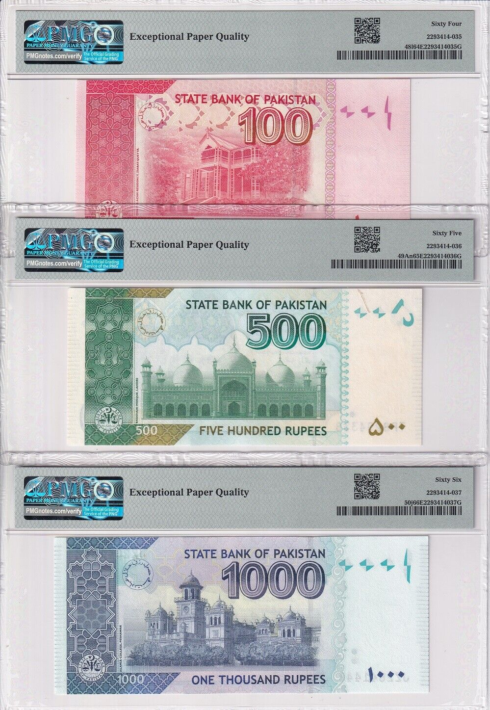 Pakistan Set 7; 5 10-100 500 1000 R. 2008-22 P45-50 53 55 Gem UNC PMG 64-67 EPQ