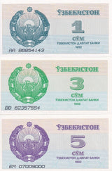 Uzbekistan Set 3 UNC 1 3 5  SUM 1992 P 61 P 62 P 63 UNC