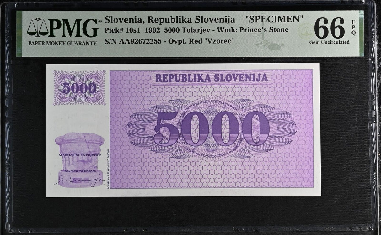 Slovenia 5000 Tolarjev 1992 P 10 s1 Specimen Gem UNC PMG 66 EPQ