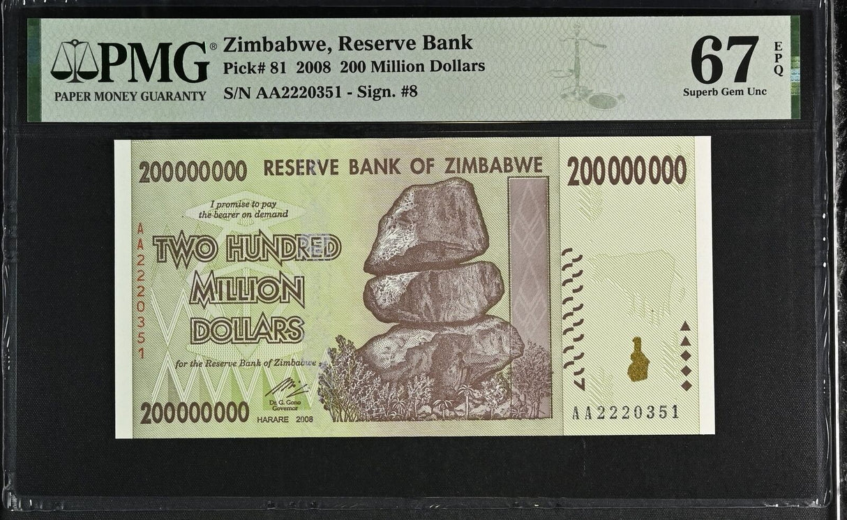 Zimbabwe 200 Million Dollars 2008 P 81 Superb Gem UNC PMG 67 EPQ