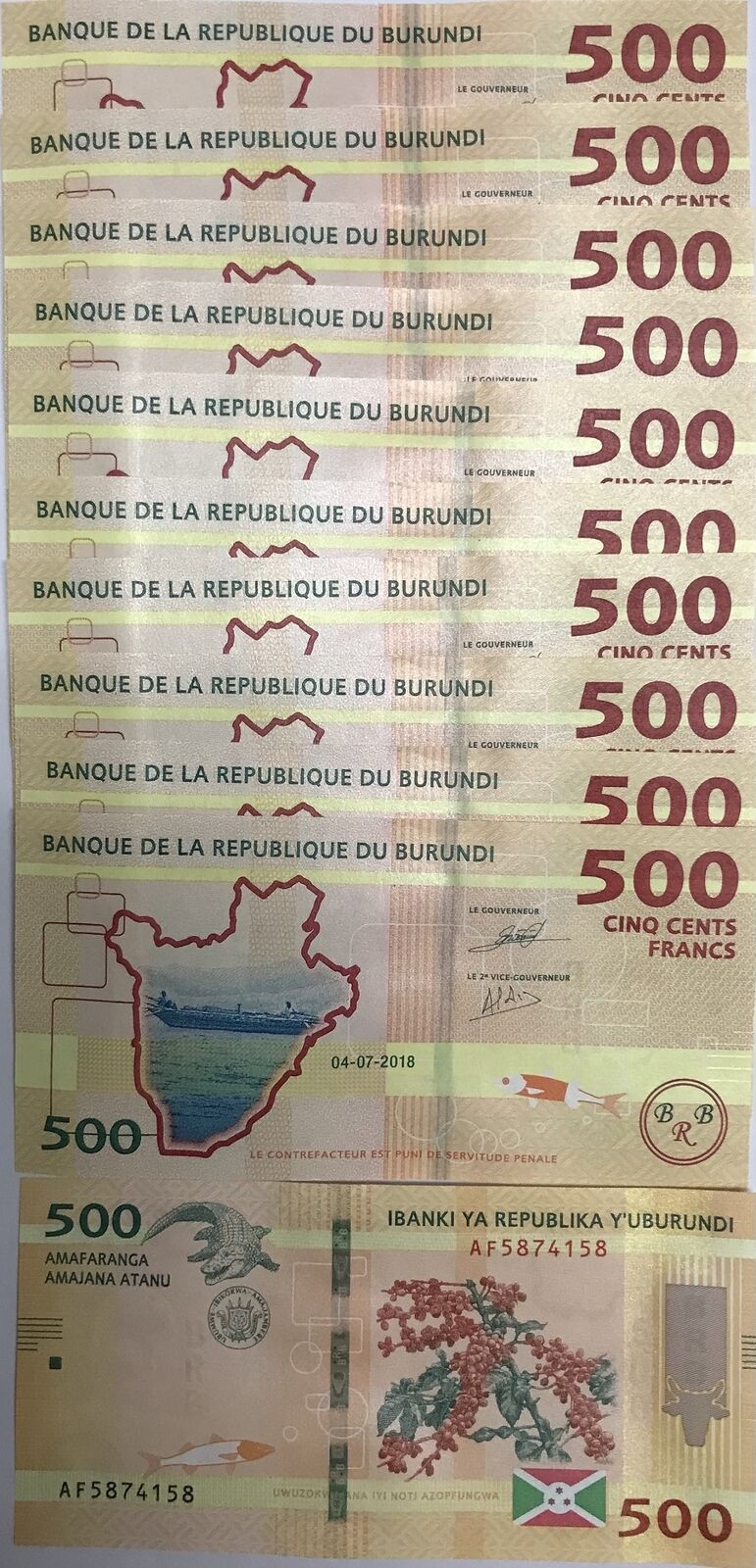 Burundi 500 Francs 2018 P 50 UNC LOT 10 PCS