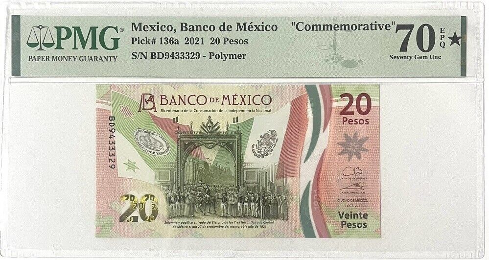 Mexico 20 Pesos 2021 P 136 a Comm. BD Prefix Superb Gem UNC PMG 70 EPQ TOP