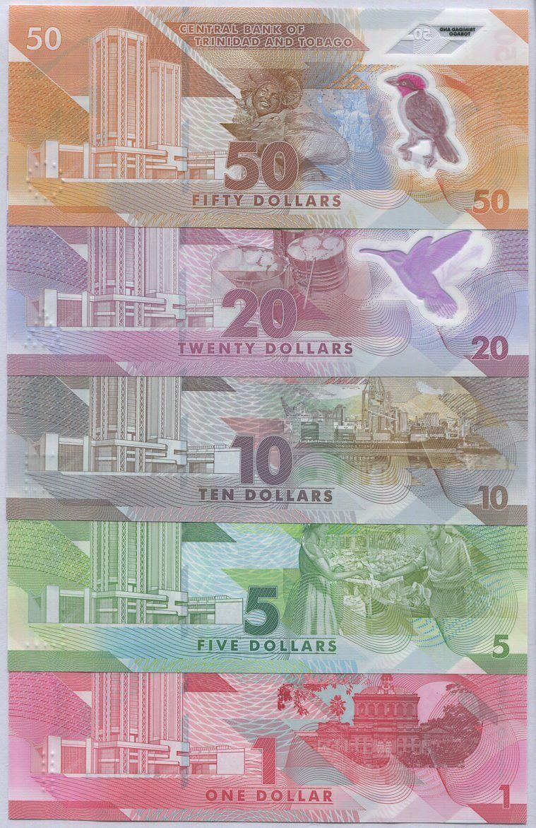 Trinidad & Tobago set 5 Pcs 1 5 10 20 50 Dollars 2020/2021 Polymer P 60-63 UNC