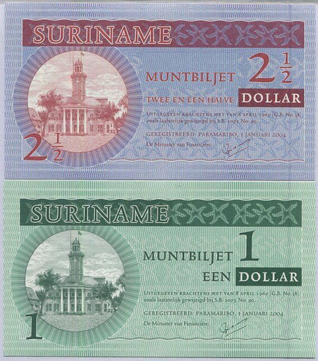 Suriname Set 2 Pcs 1 Dollar 2 1/2 Dollars 2004 P 155 156 UNC