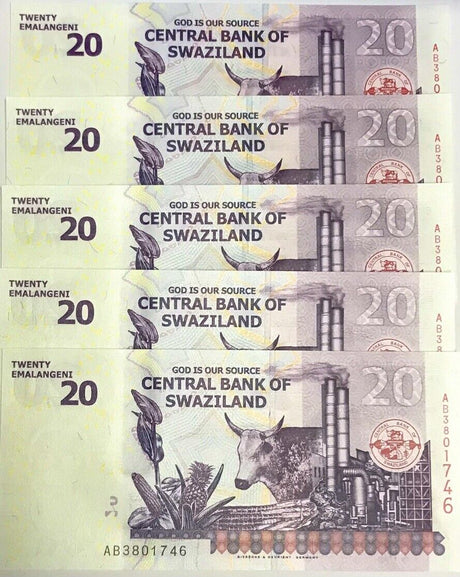 Swaziland 20 Emalangeni 2017 P 37 c UNC LOT 5 PCS
