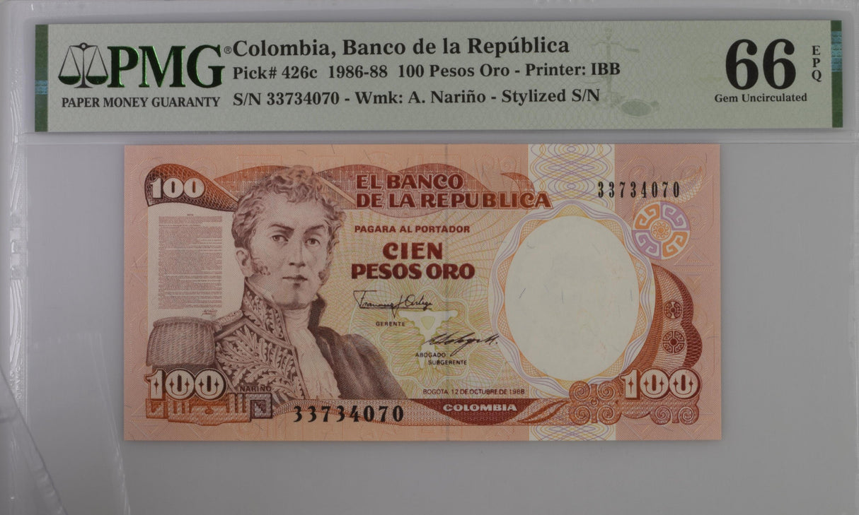 Colombia 100 Pesos oro 1988 P 426 c GEM UNC PMG 66 EPQ