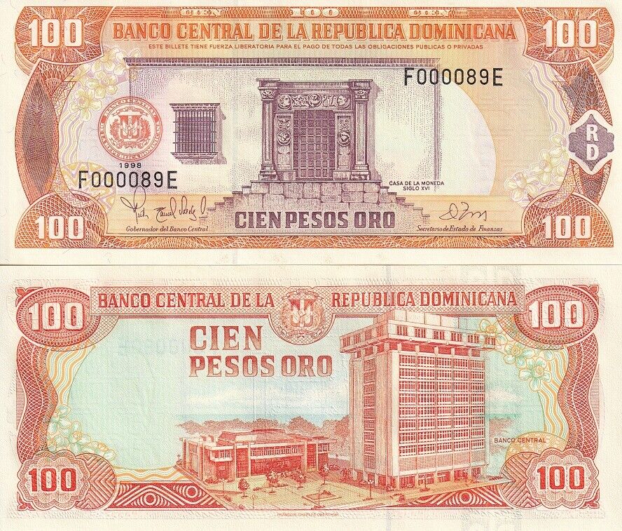 Dominican Republic 100 Pesos 1998 Low serial # 2 Digit P 156 b UNC