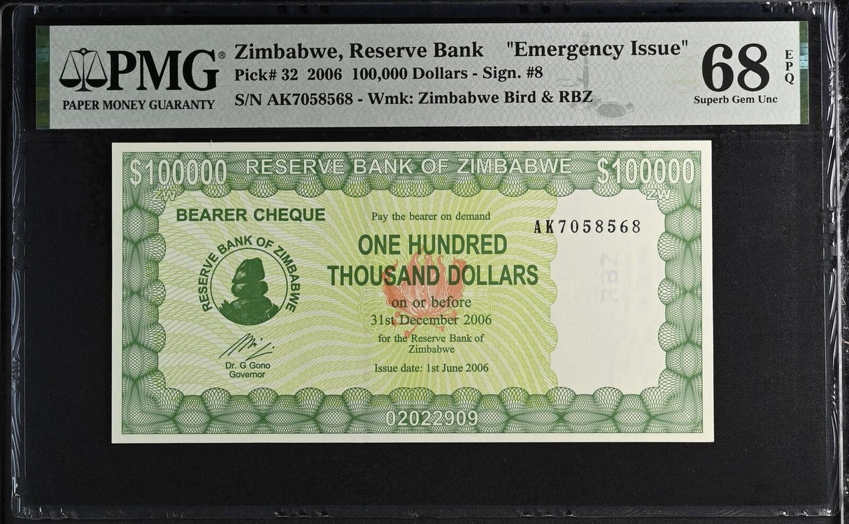Zimbabwe 100000 Dollars 2006 P 32 Superb Gem UNC PMG 68 EPQ TOP POP