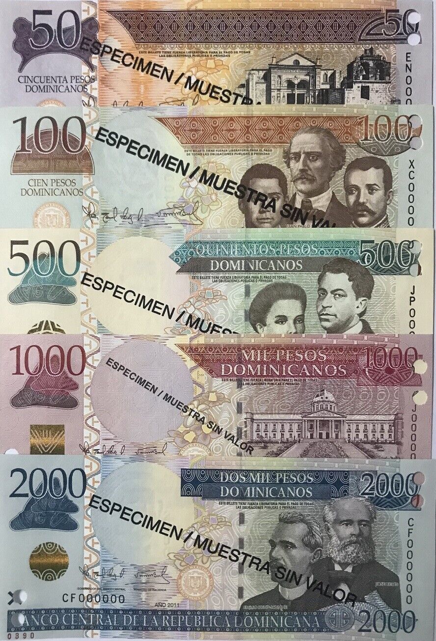 Dominican Set 5 PCS 50 100 500 1000 2000 Pesos 2011 P 183 184-P 188 SPECIMEN UNC