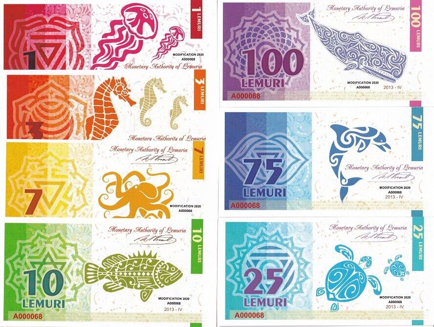 Lemuria Set 7 1 3 7 10 25 75 100 Lemuri 2013 /2020 polymer Fantasy Indian Ocean