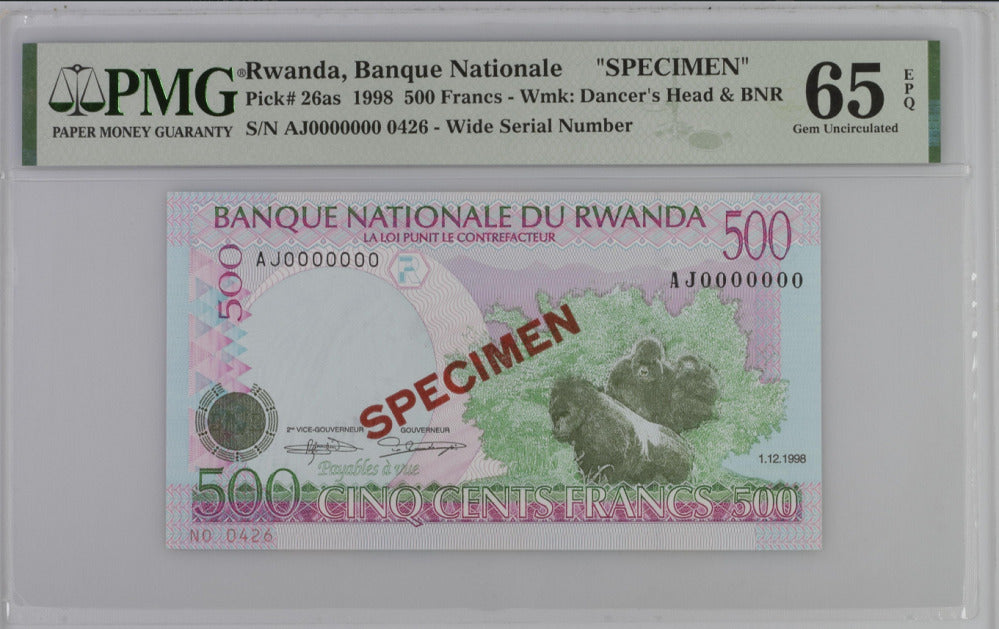 Rwanda 500 Francs 1998 P 26 as SPECIMEN Gem UNC PMG 65 EPQ