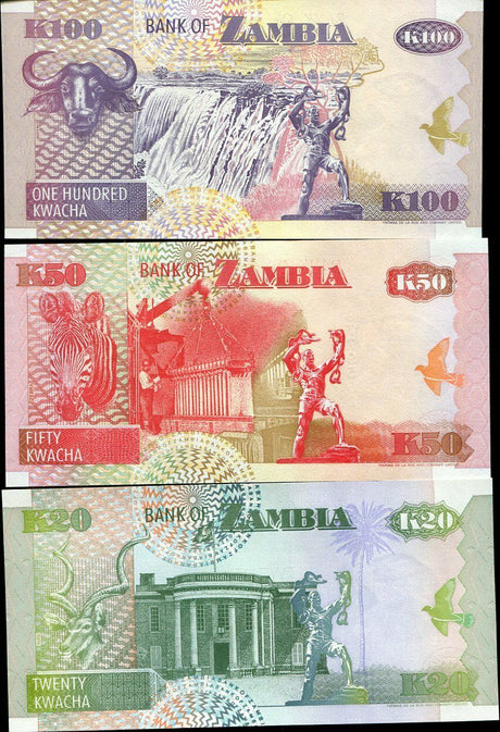 Zambia Set 3 Pcs 20 50 100 Kwacha 1992 P 36 37 38 UNC