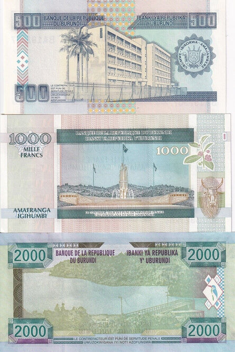 Burundi Set 3 PCS 500 1000 2000 Francs 2008 - 2009 P 45 P 46 P 48 UNC