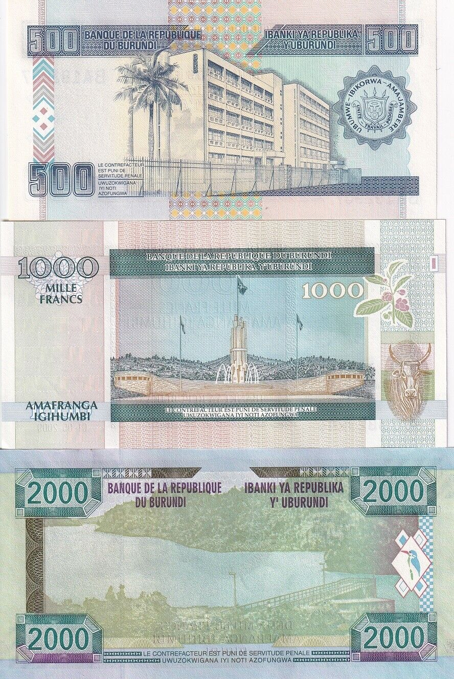 Burundi Set 3 PCS 500 1000 2000 Francs 2008 - 2009 P 45 P 46 P 48 UNC