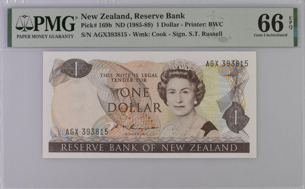 New Zealand 1 Dollar 1985/1989 P 169 b Gem UNC PMG 66 EPQ