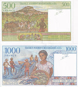 Madagascar Set 2 PCS 500 1000 Francs ND 1994 P 75 b P 76 b UNC