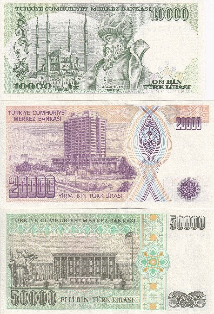 Turkey Set 3 PCS 10000 20000 50000 Lira L.1970 P 200 P 202 P 204 UNC