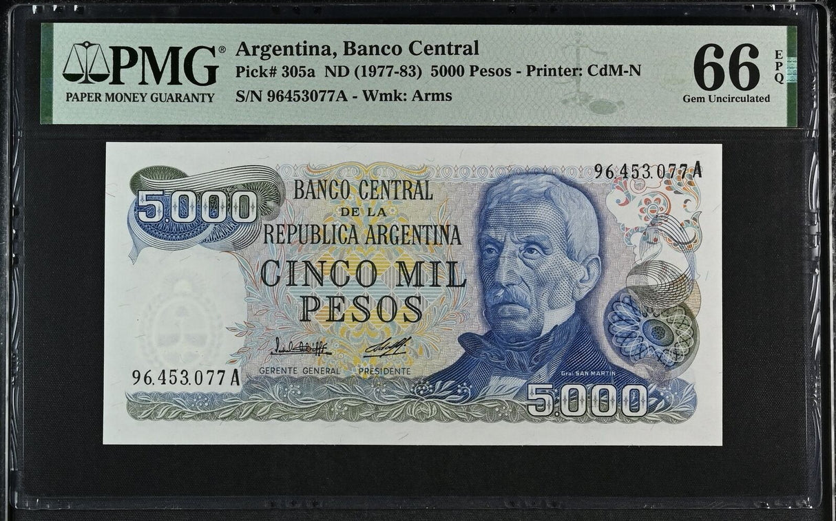 Argentina 5000 Pesos ND 1977-1983 P 305 a Gem UNC PMG 66 EPQ