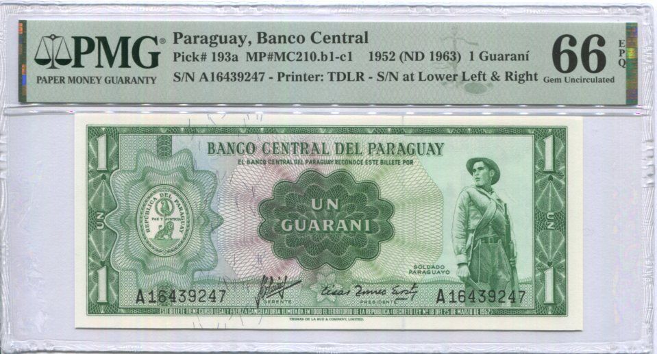 Paraguay 1 Guaranies 1952 ND 1963 P 193 a Gem UNC PMG 66 EPQ