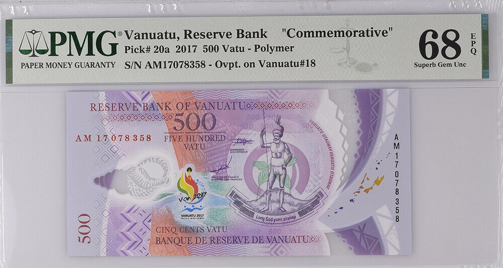 Vanuatu 500 Vatu 2017 P 20 Comm. Polymer Superb Gem UNC PMG 68 EPQ