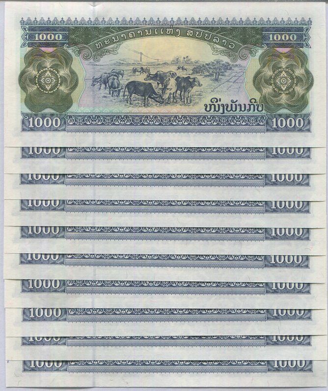 Laos 1000 Kip 2003 P 32Ab UNC LOT 10 PCS 1/10 BUNDLE